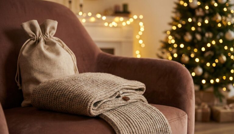 Punaise de lit visible sur un plaid posé dans un salon décoré pour Noël avec un sapin illuminé