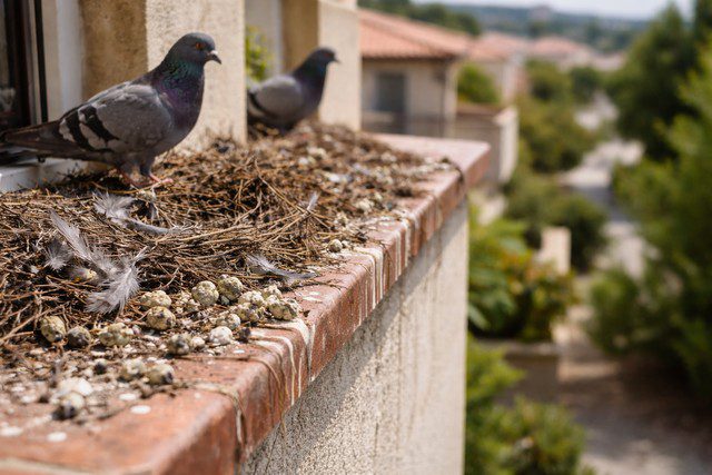 Bordure de balcon envahie par des pigeons