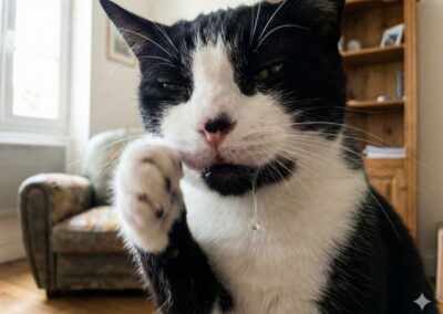 Chat se frottant le museau avec la patte, babines légèrement gonflées après une sortie, possible exposition à des poils urticants.