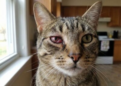 Gros plan d’un chat avec un œil rouge et larmoyant, irritation compatible avec une exposition à des poils de chenilles processionnaires.