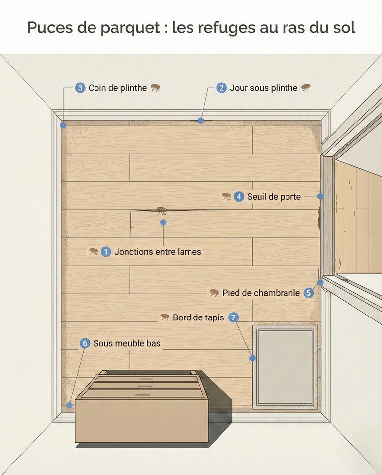 Infographie des refuges des puces de parquet - jonctions entre lames, jour sous plinthe, seuil de porte, sous meuble et bord de tapis