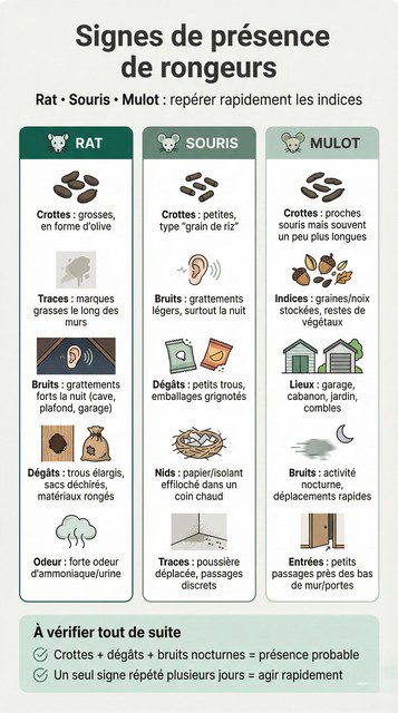 Infographie des signes de présence de rats, souris et mulots - crottes, bruits, traces et dégâts.