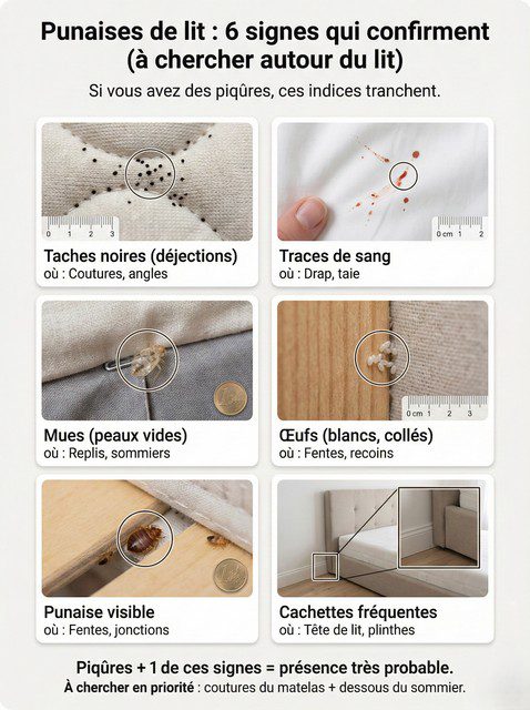 Infographie des signes de punaises de lit dans le lit - taches noires, traces de sang, mues, oeufs, punaises visibles et cachettes