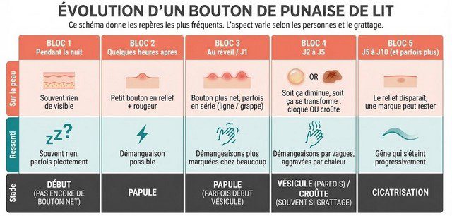 Infographie évolution d’un bouton après piqûre de punaise de lit