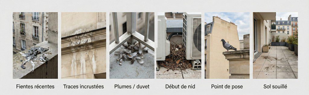 Infographie horizontale photo réaliste montrant les signes de présence de pigeons (fientes, traces, plumes, nid, pose, sol souillé).