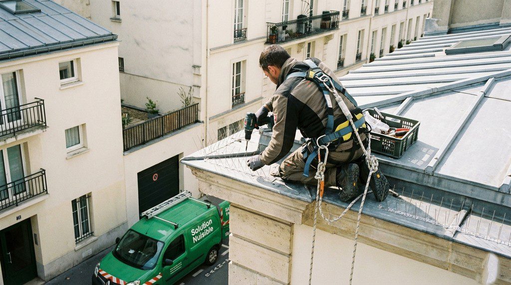 Intervention de dépigeonnage par un technicien local posant une protection anti-pigeon sur un balcon