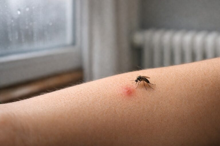 Moustique commun posé sur un avant-bras, marque de piqûre visible, intérieur chauffé en plein hiver.