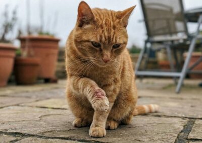 Patte avant d’un chat légèrement rouge et irritée sur une terrasse, risque de poils urticants après passage de chenilles processionnaires.
