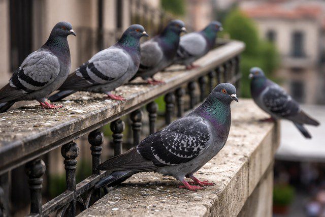 Pigeons sur un balcon urbain