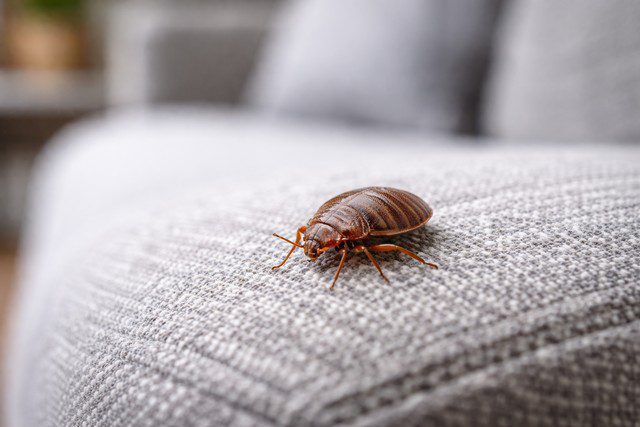 Puces de lit sur coussin gris