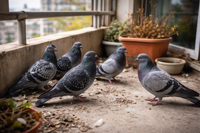 Rassemblement de pigeons sur balcon
