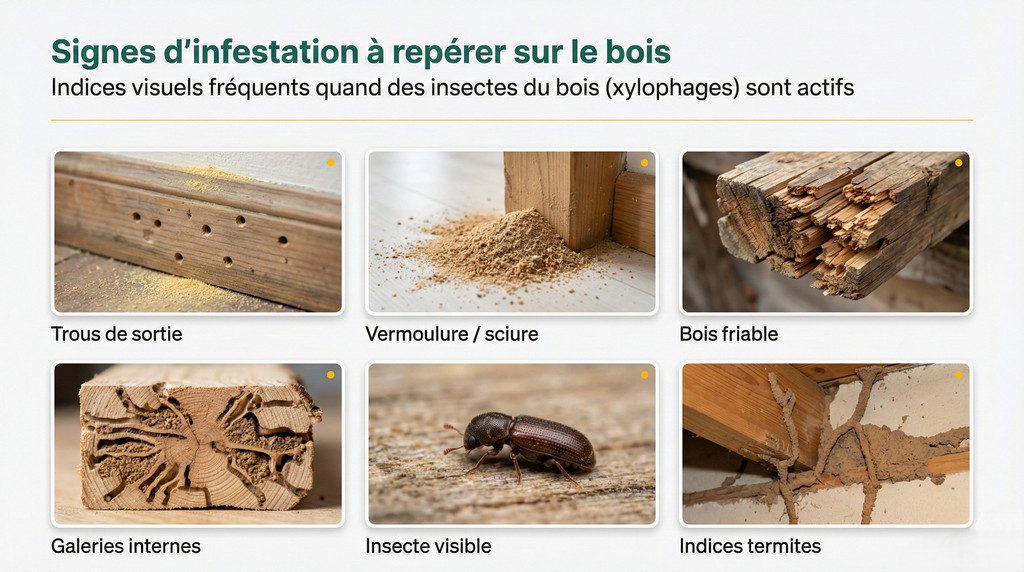 Signes d’infestation insectes du bois xylophages