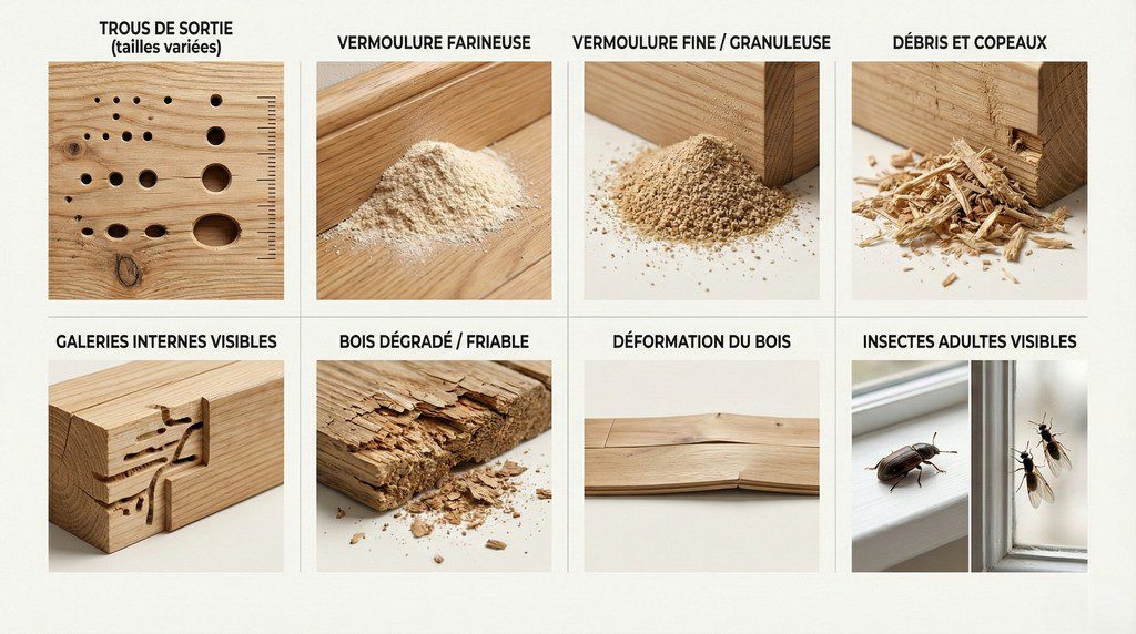Signes d’insectes xylophages et d’insectes du bois - trous, vermoulure, sciure, bois qui sonne creux Signes d’insectes xylophages et d’insectes du bois - trous, vermoulure, sciure, bois qui sonne creux