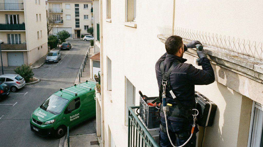 Technicien de dépigeonnage en action à La Ciotat posant un dispositif anti pigeon sur un balcon