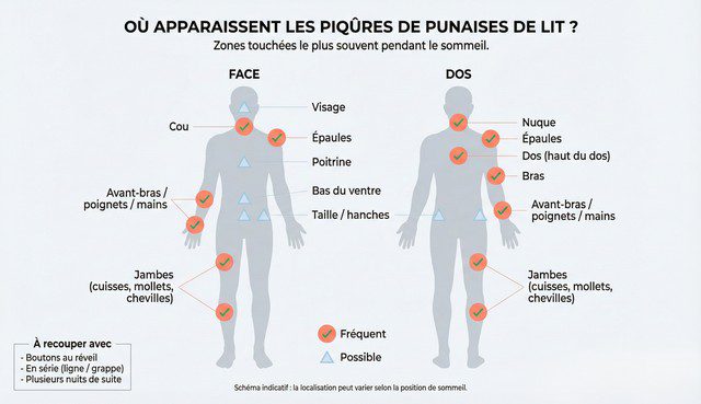 Zones des piqûres de punaises de lit sur le corps