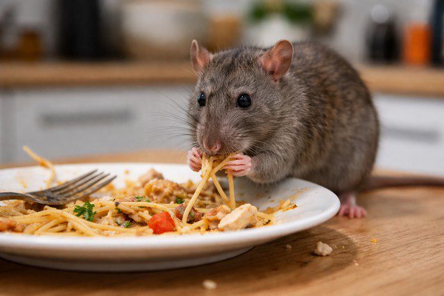rat degustant une assiette de pâtes