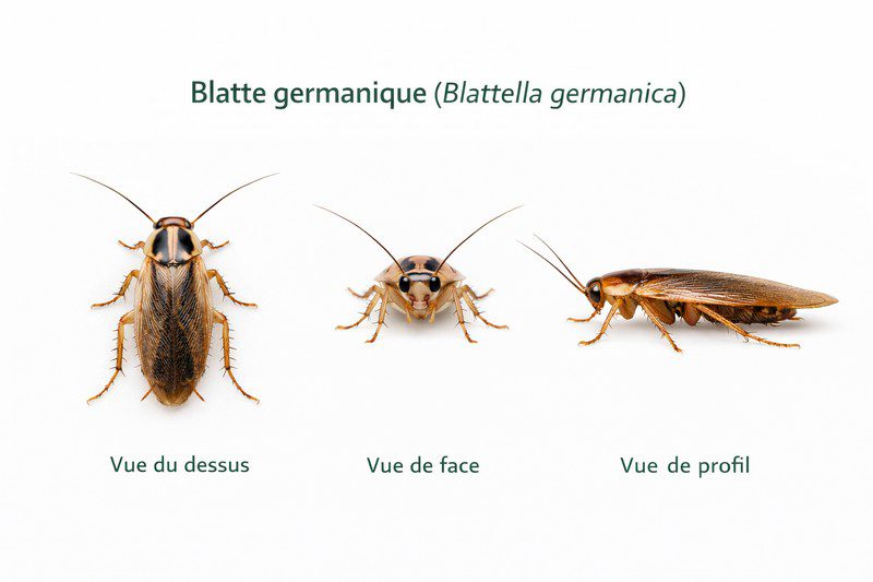 Blatte germanique (vue du dessus, vue de face, vue de profil)