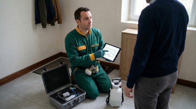 Technicien Solution Nuisible explique le traitement anti-cafards sur tablette à un client dans un logement du Grand Est