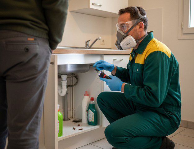 Technicien de désinsectisation masqué inspectant des cafards sous l’évier avec une lampe, en présence du client dans une cuisine française.
