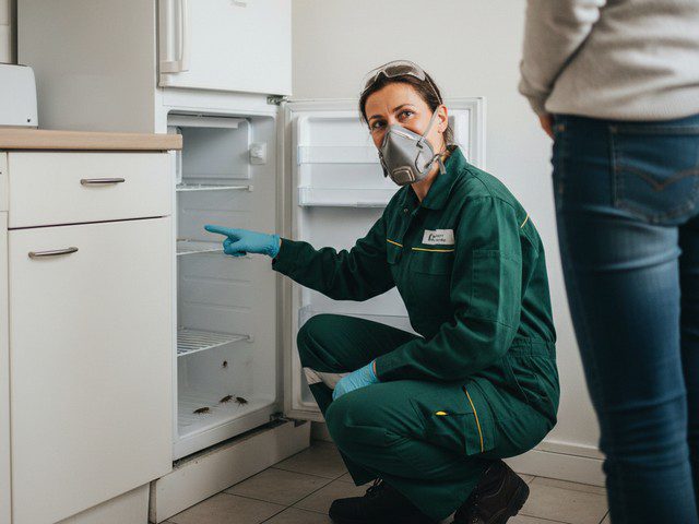 Technicienne de désinsectisation masquée montrant une infestation de cafards derrière un réfrigérateur dans une cuisine d’appartement français.
