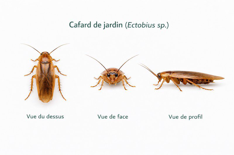 cafard de jardin (vue du dessus, vue de face, vue de profil)