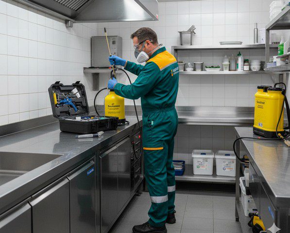 technicien de désinsectisation “Solution Nuisible” est en train de PRÉPARER son pulvérisateur professionnel dans un coin technique de la cuisine