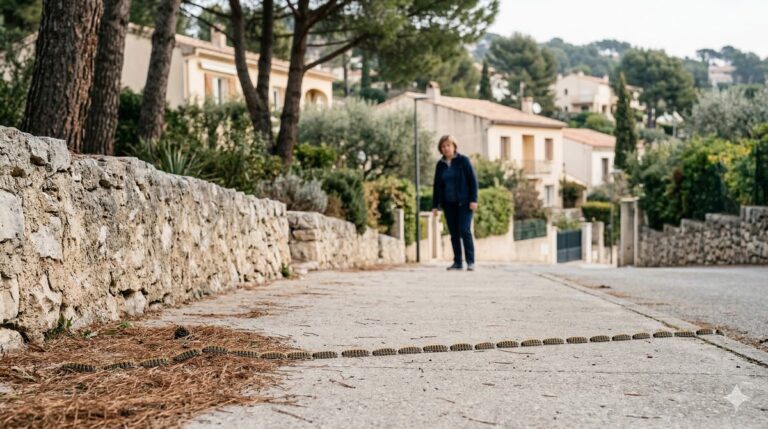 À Cassis, une procession de chenilles processionnaires avance sur un trottoir près de jardins et de pins méditerranéens