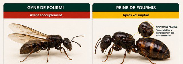 Comparaison entre une gyne ailée et une reine de fourmis sans ailes après le vol nuptial. Comparaison entre une gyne ailée et une reine de fourmis sans ailes après le vol nuptial.