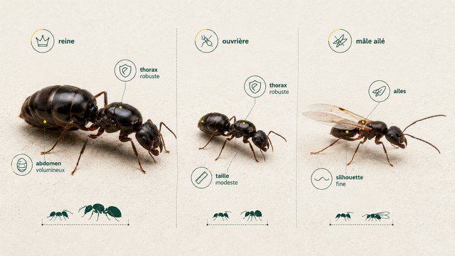 Comparaison visuelle entre reine de fourmis, ouvrière et mâle ailé avec différences de taille, abdomen, thorax et ailes Comparaison visuelle entre reine de fourmis, ouvrière et mâle ailé avec différences de taille, abdomen, thorax et ailes
