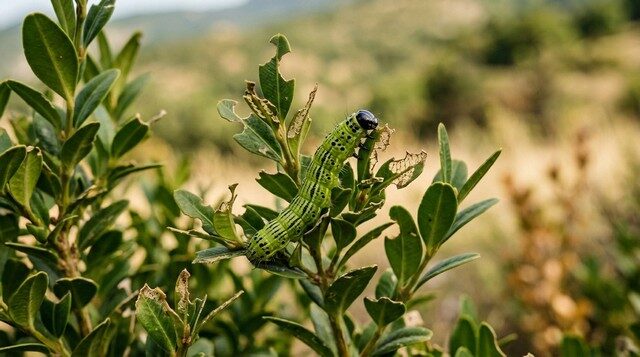 Chenille de pyrale du buis sur des feuilles de buis partiellement grignotées
