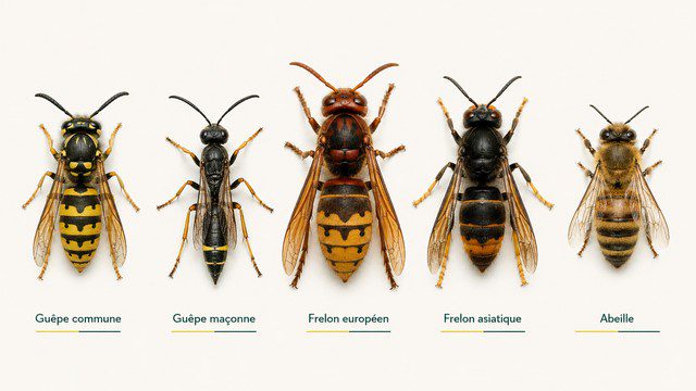 Comparaison visuelle des espèces - guêpe commune, guêpe maçonne, frelon européen, frelon asiatique et abeille