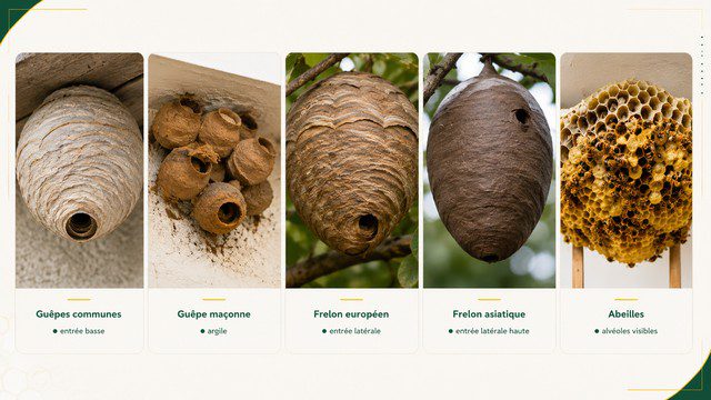 Comparaison visuelle des nids de guêpes communes, guêpes maçonnes, frelons européens, frelons asiatiques et abeilles avec formes, ouvertures et textures caractéristiques