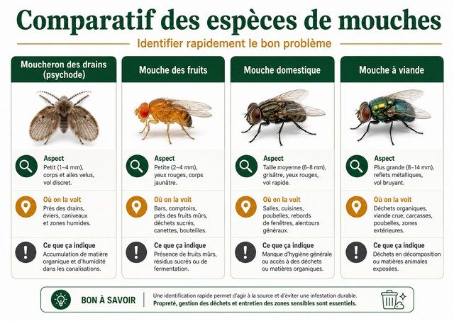 Comparatif visuel des espèces de mouches présentes en restaurant moucheron des drains, mouche des fruits, mouche domestique et mouche à viande Comparatif visuel des espèces de mouches présentes en restaurant moucheron des drains, mouche des fruits, mouche domestique et mouche à viande