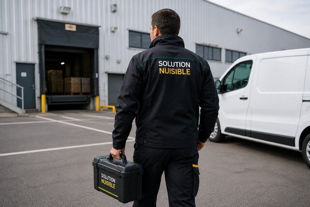 Dératiseur Solution Nuisible devant une usine agroalimentaire avec utilitaire blanc neutre et mallette d’intervention