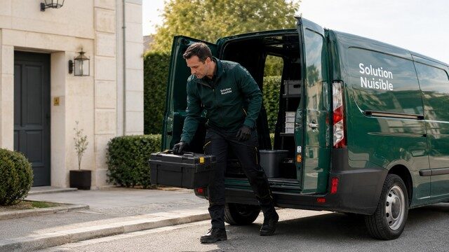 Dératiseur avec utilitaire Solution Nuisible devant une maison