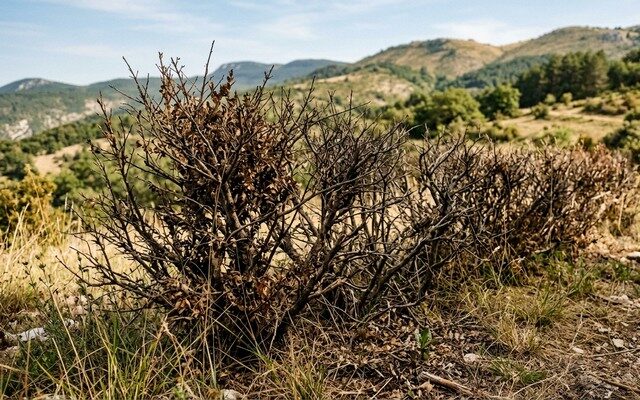 Haie de buis abîmée par une invasion de pyrale du buis sur les contreforts du Vercors