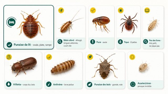 Infographie comparant une punaise de lit avec les insectes souvent confondus comme le bébé cafard, la puce, la tique, la vrillette, l’anthrène et la punaise des bois Infographie comparant une punaise de lit avec les insectes souvent confondus comme le bébé cafard, la puce, la tique, la vrillette, l’anthrène et la punaise des bois