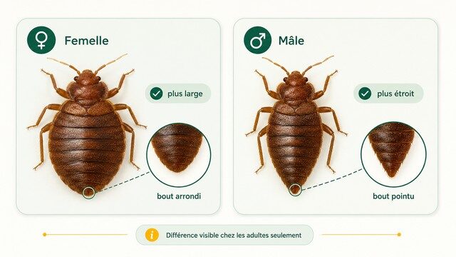 Infographie comparant une punaise de lit femelle au bout du ventre arrondi et une punaise de lit mâle au bout du ventre pointu Infographie comparant une punaise de lit femelle au bout du ventre arrondi et une punaise de lit mâle au bout du ventre pointu