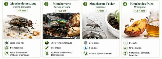 Infographie comparative des mouches et moucherons, avec mouche domestique, mouche verte, moucheron d’évier et mouche des fruits, leurs tailles, signes distinctifs et lieux de reproduction.