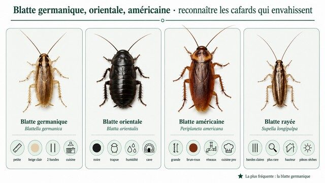 Infographie comparative des principales espèces de blattes - blatte germanique, blatte orientale, blatte américaine et blatte rayée, avec leurs caractéristiques visuelles Infographie comparative des principales espèces de blattes - blatte germanique, blatte orientale, blatte américaine et blatte rayée, avec leurs caractéristiques visuelles