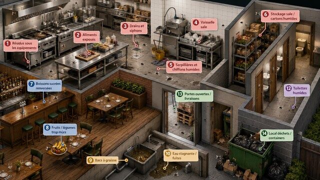 Infographie des principales causes de présence de mouches dans un restaurant déchets, drains, aliments exposés, humidité et stockage sale Infographie des principales causes de présence de mouches dans un restaurant déchets, drains, aliments exposés, humidité et stockage sale