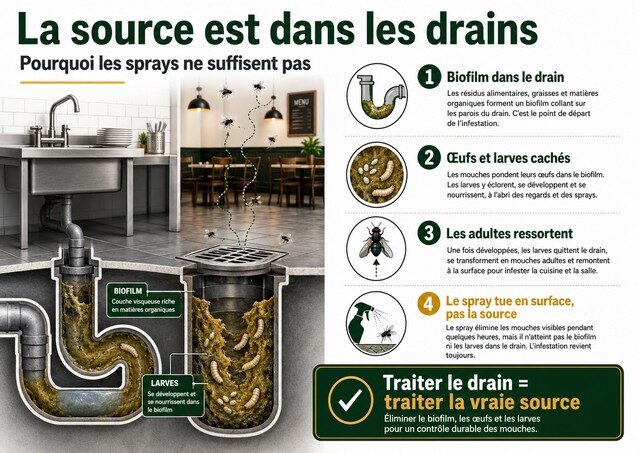 Infographie expliquant pourquoi les mouches en restaurant proviennent souvent des drains et siphons Infographie expliquant pourquoi les mouches en restaurant proviennent souvent des drains et siphons