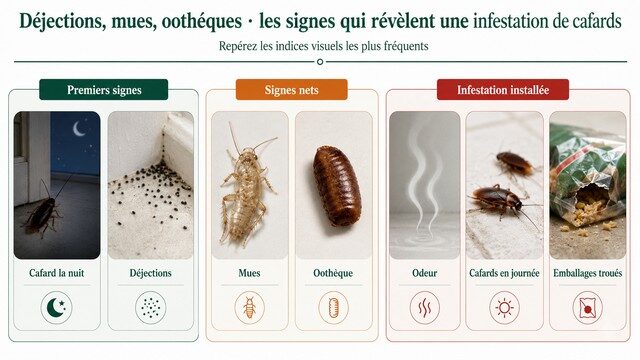 Infographie montrant les signes d’une infestation de cafards - cafards visibles la nuit, déjections, mues, oothèques, odeur, cafards en journée et emballages troués. Infographie montrant les signes d’une infestation de cafards - cafards visibles la nuit, déjections, mues, oothèques, odeur, cafards en journée et emballages troués.