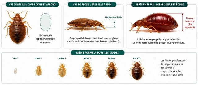 Infographie sur la forme ovale et plate de la punaise de lit Infographie sur la forme ovale et plate de la punaise de lit