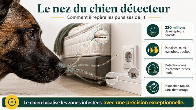 Infographie sur le nez du chien détecteur de punaises de lit, montrant comment son odorat localise les punaises, œufs, nymphes et adultes cachés dans la literie, les plinthes et les prises.