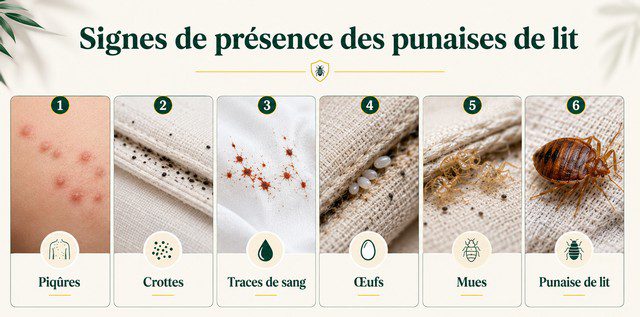 Signes de présence de punaises de lit - piqûres, crottes, traces de sang, œufs, mues et punaise visible sur la literie