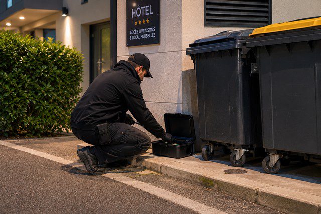 Technicien Solution Nuisible en intervention de dératisation extérieure dans un hôtel, pose d’un poste d’appât sécurisé près du local poubelles