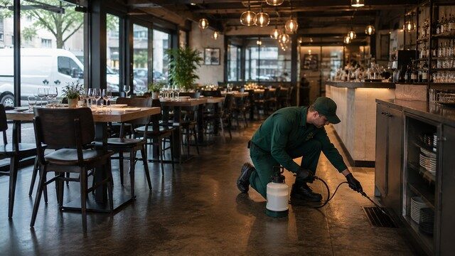 Technicien Solution Nuisible traitant un drain dans un restaurant avec un utilitaire stationné devant l’établissement Technicien Solution Nuisible traitant un drain dans un restaurant