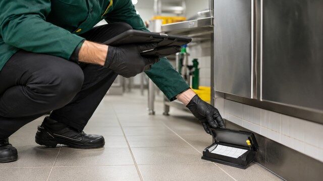 Technicien de désinsectisation contrôlant un piège de monitoring sous un équipement de cuisine professionnelle