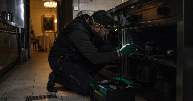 Technicien en désinsectisation appliquant un gel anti cafards dans une cuisine professionnelle d hotel Technicien en désinsectisation appliquant un gel anti cafards dans une cuisine professionnelle d hotel